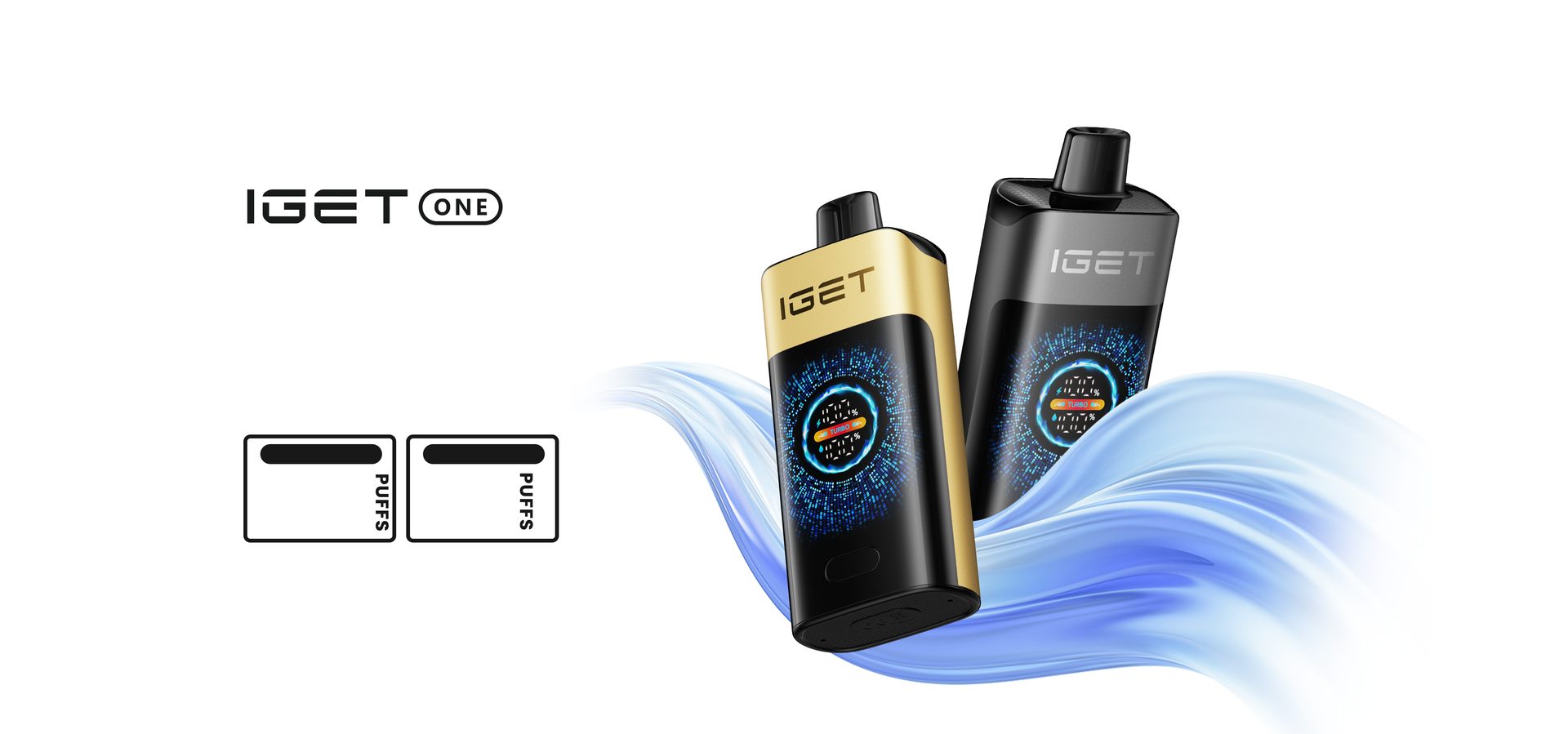 Two IGET One devices, gold and black, riding a blue wave